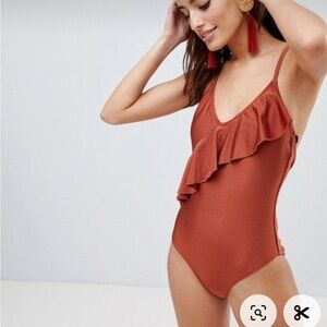 Warehouse | Copper Ruffle One-Piece Size 8‎ Full Coverage Bathing Suit Swimsuit